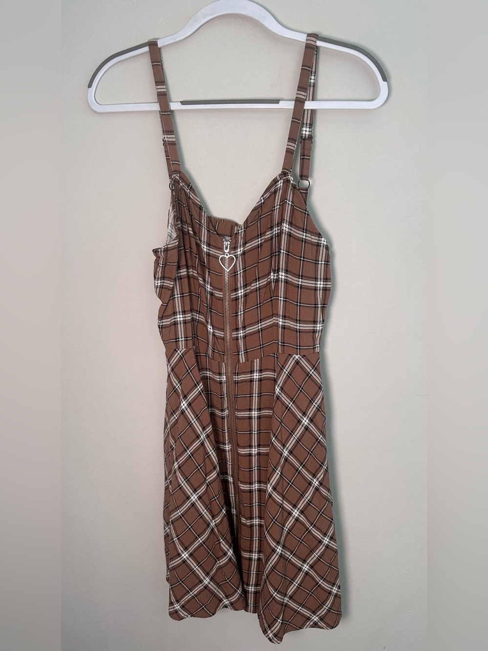 Y2K Plaid Skater Dress sz M Brown Grunge Fairycore Zip Front Pinafore Mini Dress - Picture 2 of 9